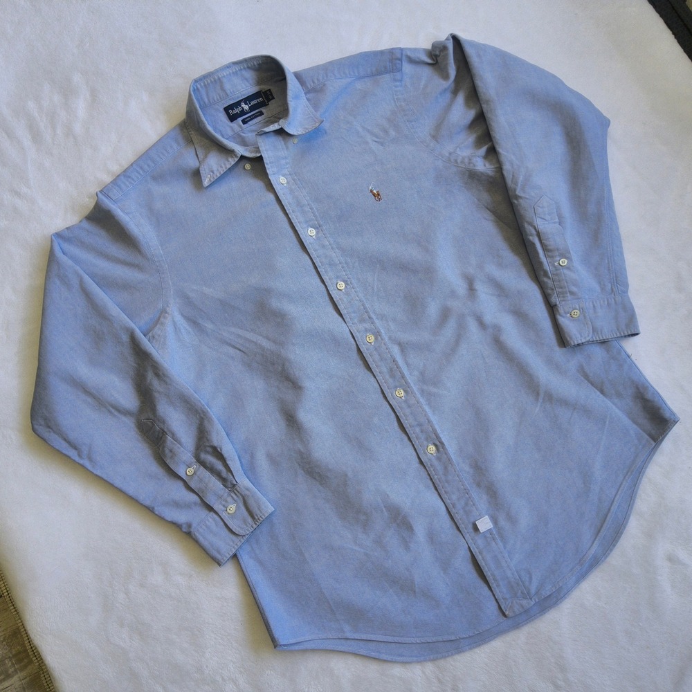Ralph Lauren Button Down Shirt Men 16-34 Blue Oxford Long Sleeve Flesh Pony READ